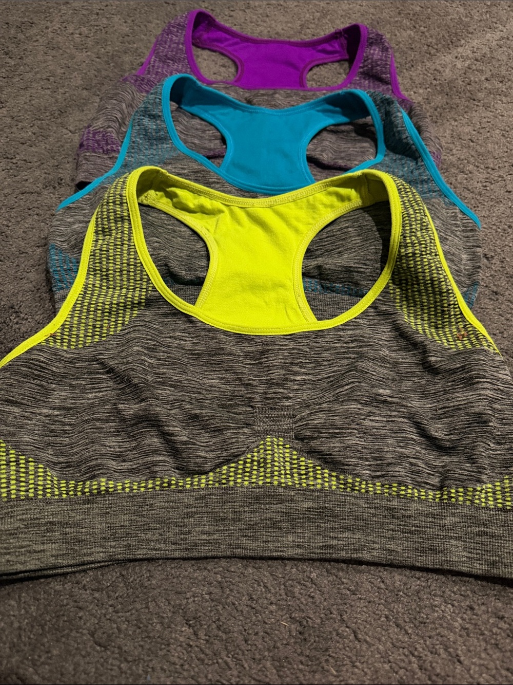 Set of 3 Seamless Racerback Sports Bras - Neon Yellow, Teal & Purple M